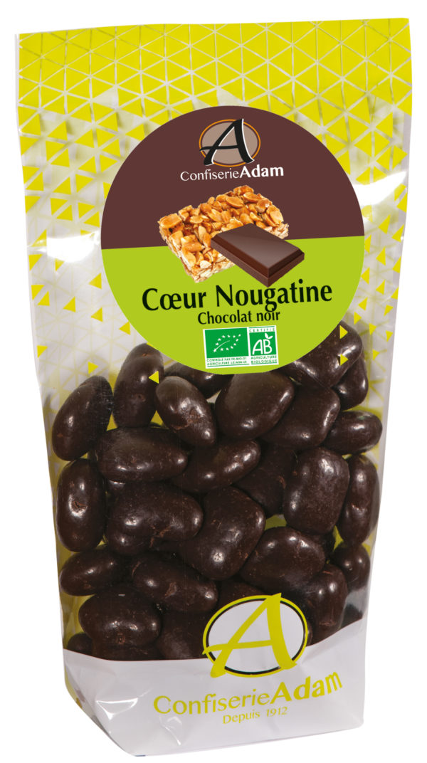 sachet bonbons coeur nougatine chocolat noir bio confiserie adam