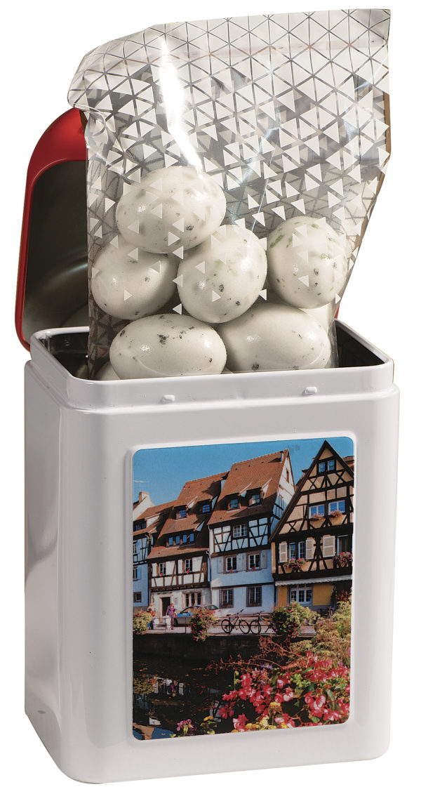 boîte cadeau borne Colmar avec bonbons à l'intérieur