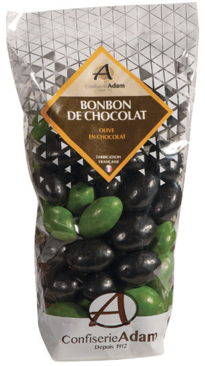sachet de bonbons olives au chocolat confiserie adam